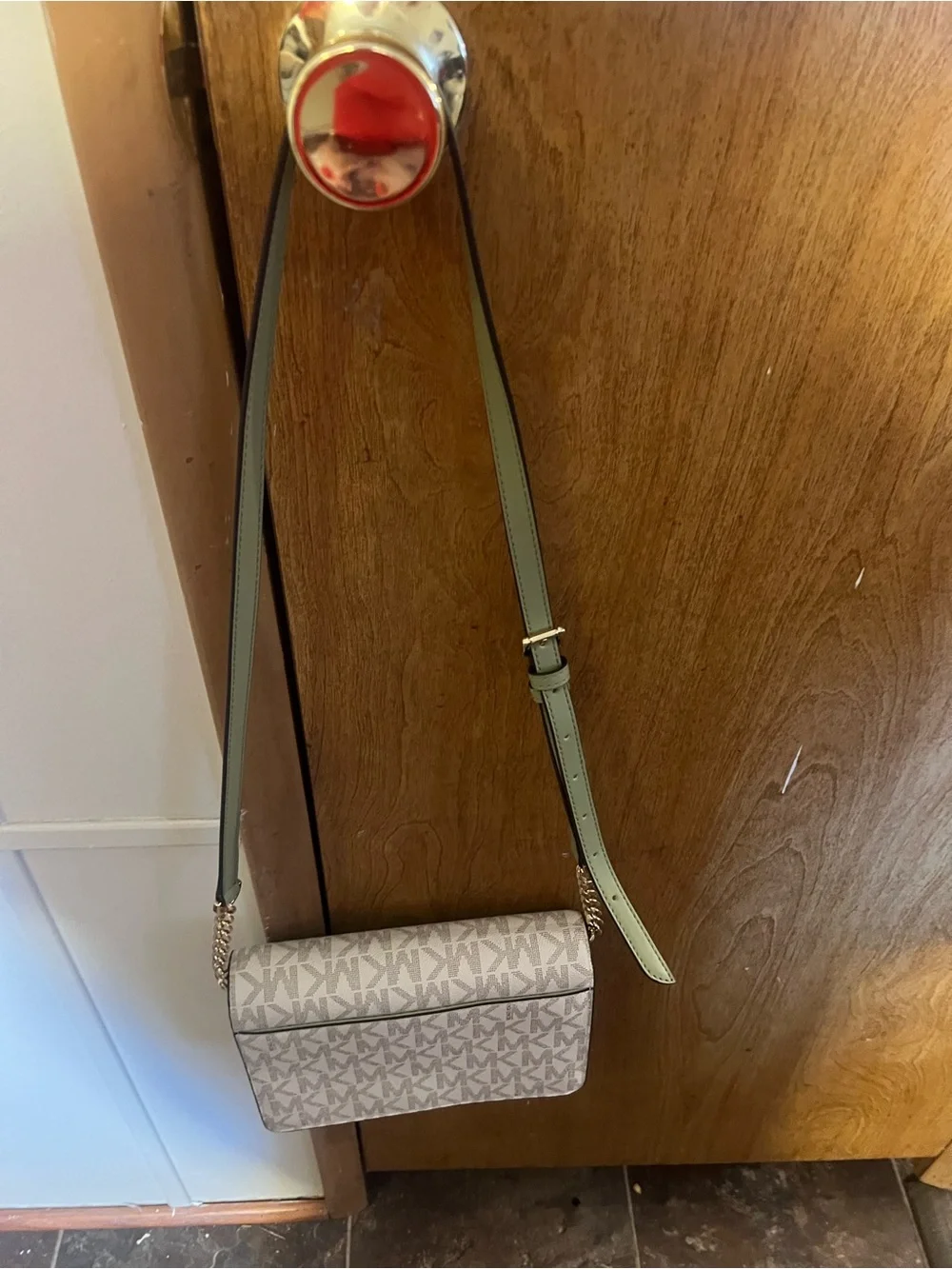Michael Kors Cream Logo Crossbody Bag with Olive Strap